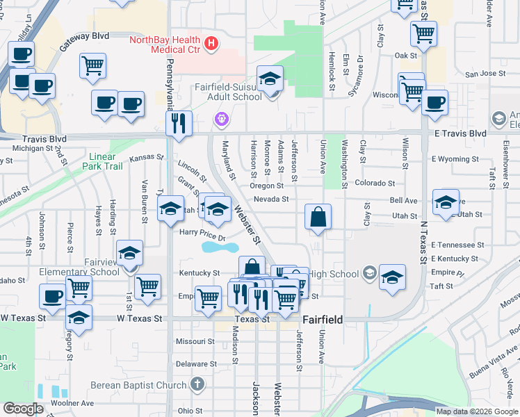 map of restaurants, bars, coffee shops, grocery stores, and more near 732 Utah St in Fairfield