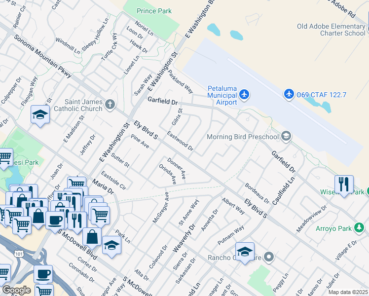 map of restaurants, bars, coffee shops, grocery stores, and more near 432 Eastwood Drive in Petaluma