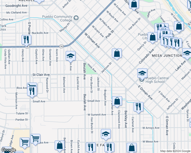 map of restaurants, bars, coffee shops, grocery stores, and more near 703 Jackson Street in Pueblo