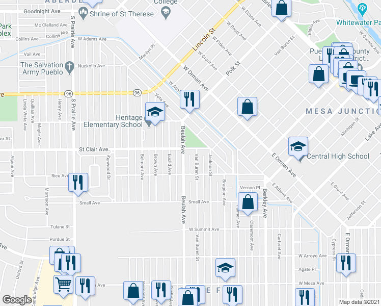 map of restaurants, bars, coffee shops, grocery stores, and more near 705 Van Buren Street in Pueblo