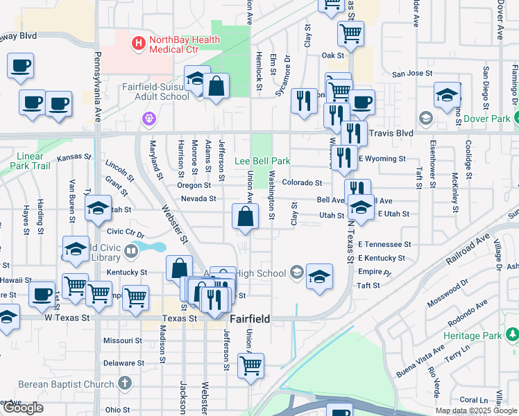 map of restaurants, bars, coffee shops, grocery stores, and more near 1130 Union Avenue in Fairfield