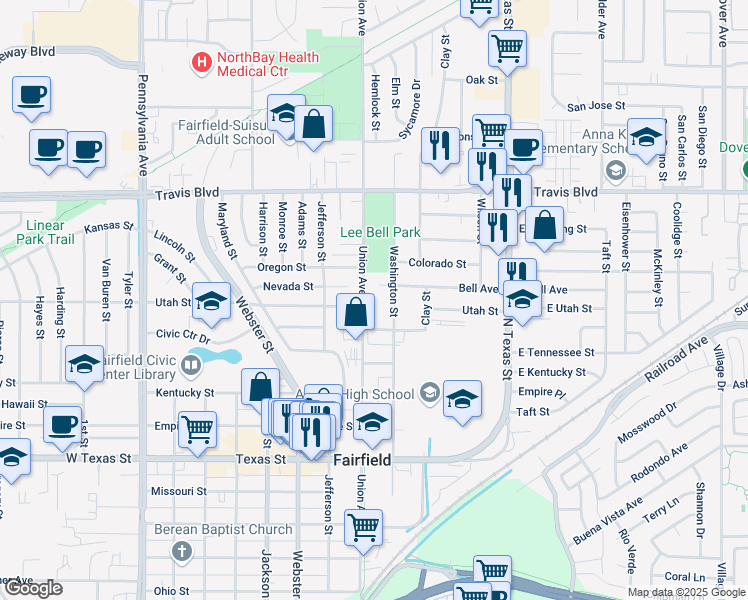 map of restaurants, bars, coffee shops, grocery stores, and more near 1130 Union Avenue in Fairfield