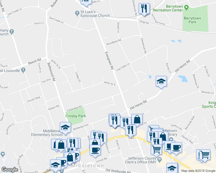 map of restaurants, bars, coffee shops, grocery stores, and more near 11808 Arbor Drive East in Louisville