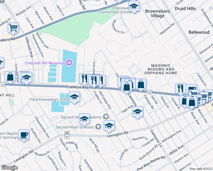 map of restaurants, bars, coffee shops, grocery stores, and more near 3303 Arterburn Avenue in Louisville