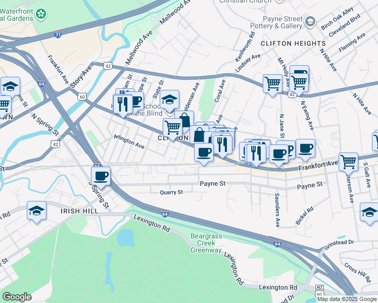 map of restaurants, bars, coffee shops, grocery stores, and more near 123 Waverly Court in Louisville