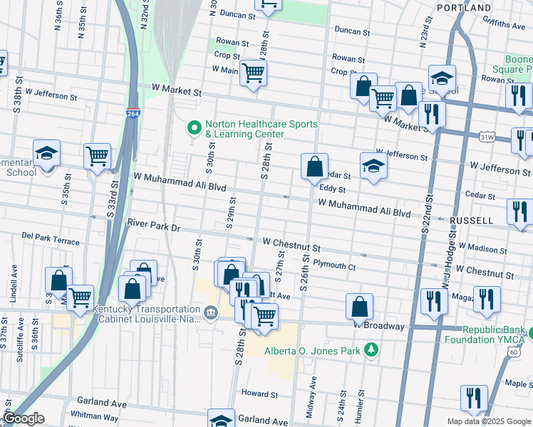 map of restaurants, bars, coffee shops, grocery stores, and more near 2727 West Madison Street in Louisville
