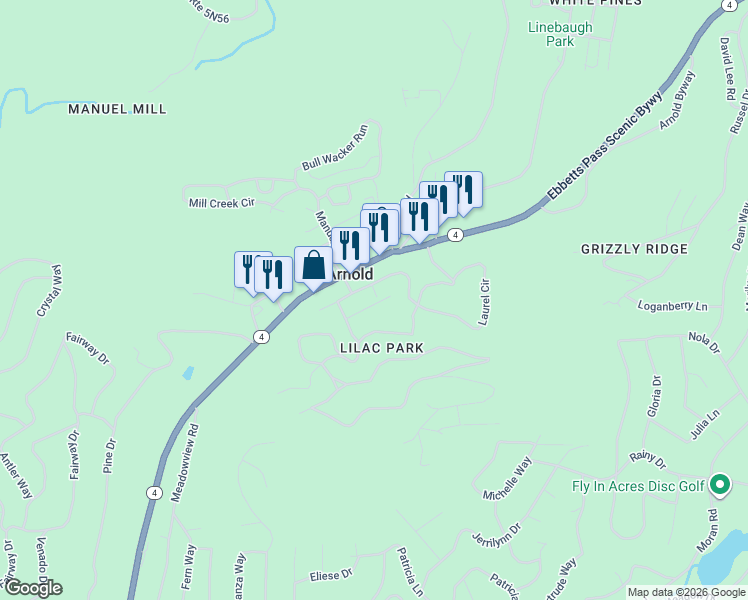 map of restaurants, bars, coffee shops, grocery stores, and more near 961 Pine Street in Arnold