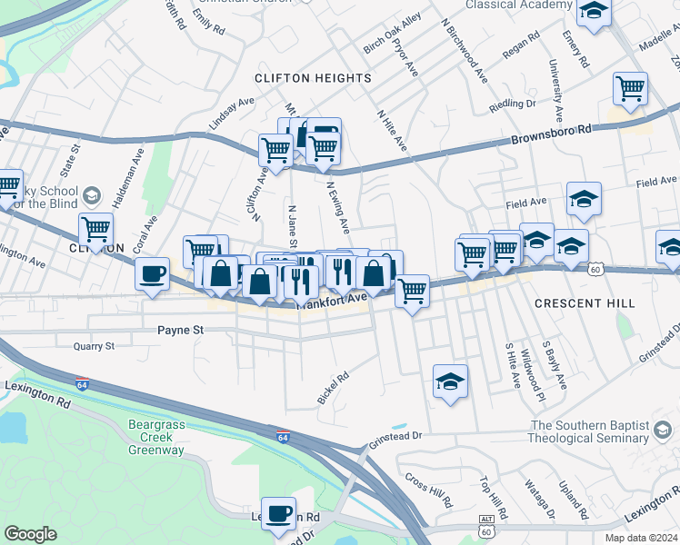 map of restaurants, bars, coffee shops, grocery stores, and more near 2334 Sycamore Avenue in Louisville