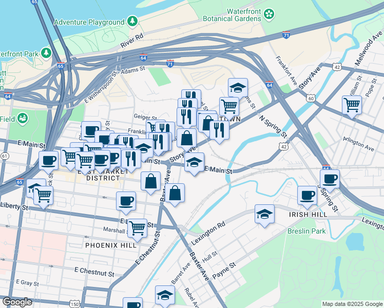 map of restaurants, bars, coffee shops, grocery stores, and more near 1022 Story Avenue in Louisville
