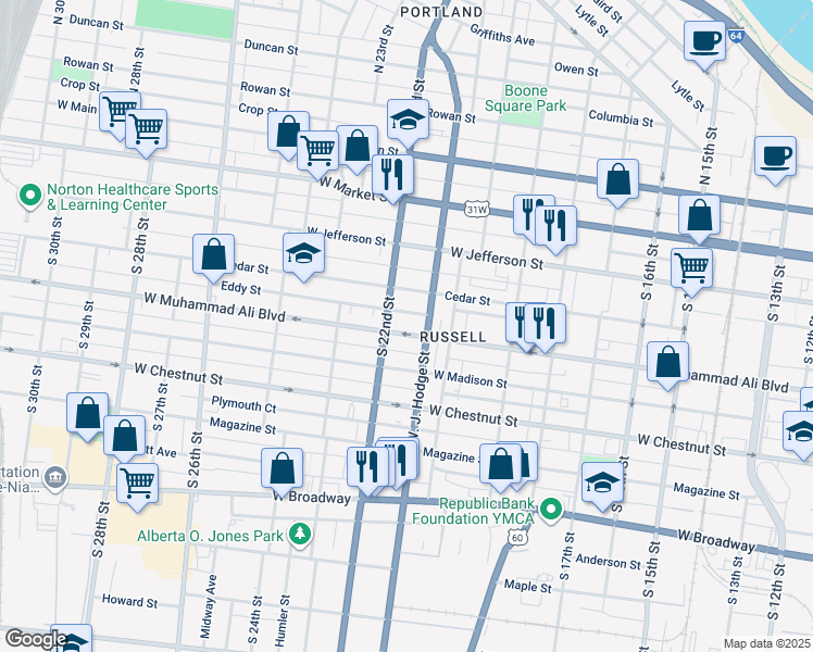 map of restaurants, bars, coffee shops, grocery stores, and more near 2117 West Muhammad Ali Boulevard in Louisville