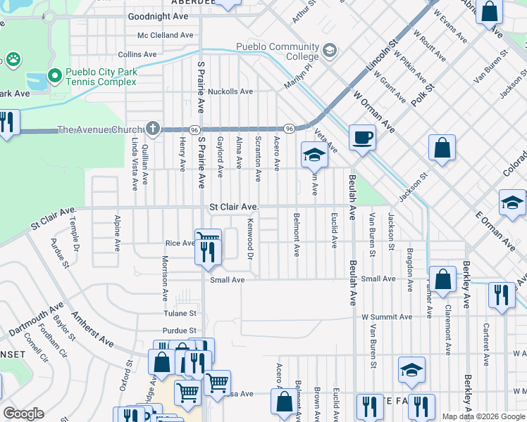 map of restaurants, bars, coffee shops, grocery stores, and more near 2407 James Ave in Pueblo