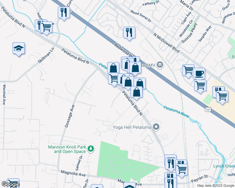 map of restaurants, bars, coffee shops, grocery stores, and more near 2337 Petaluma Boulevard North in Petaluma