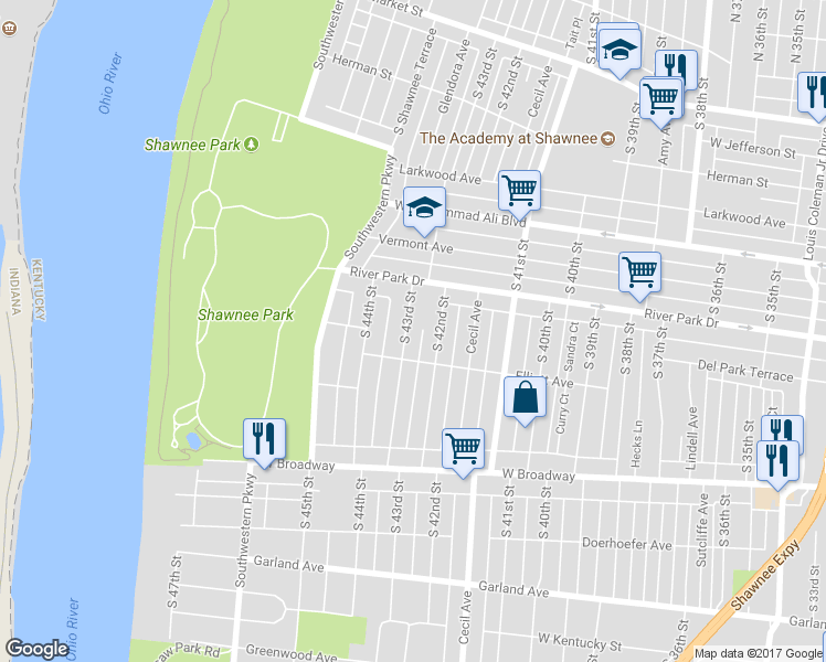 map of restaurants, bars, coffee shops, grocery stores, and more near 627 South 43rd Street in Louisville