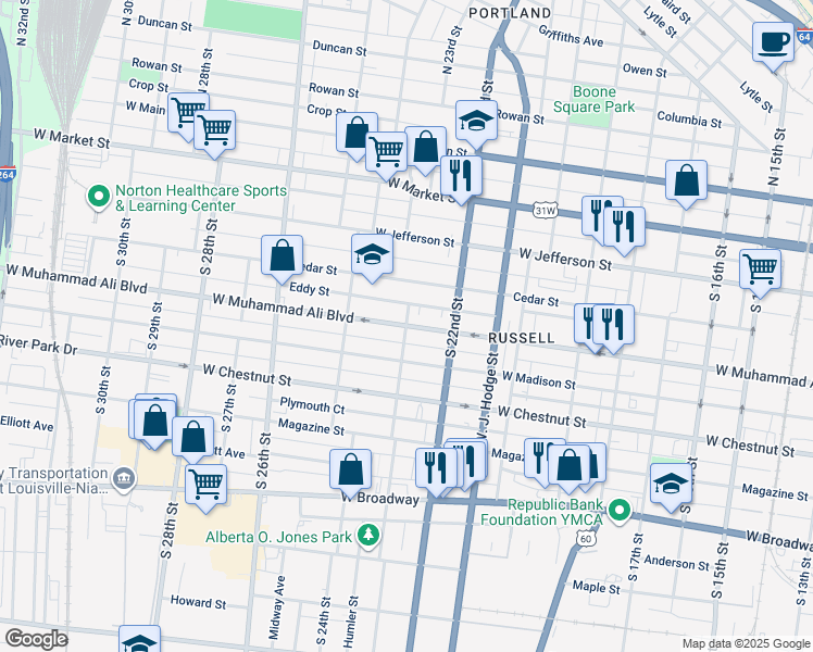 map of restaurants, bars, coffee shops, grocery stores, and more near West Muhammad Ali Boulevard in Louisville