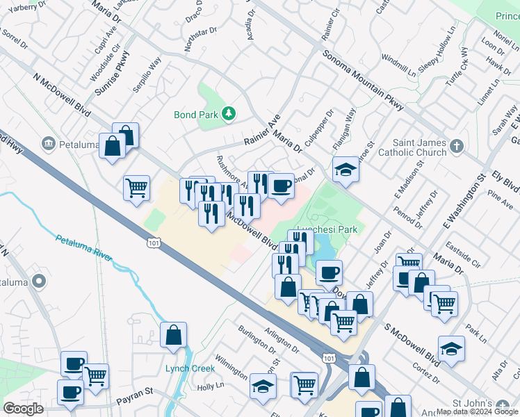 map of restaurants, bars, coffee shops, grocery stores, and more near 1456 Professional Drive in Petaluma