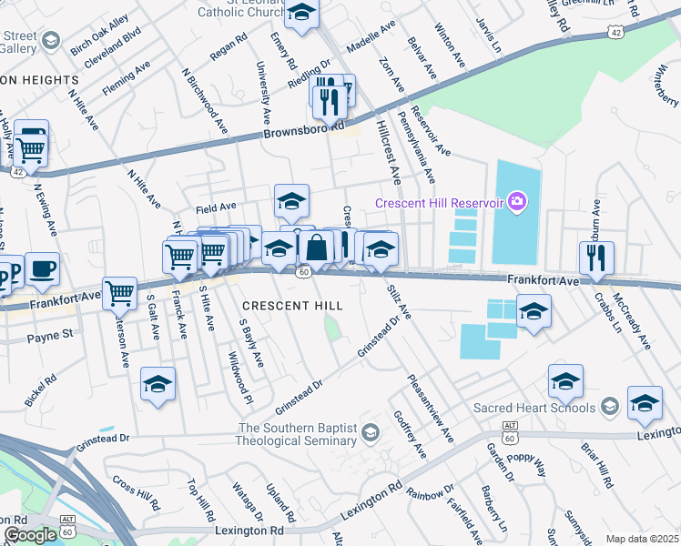 map of restaurants, bars, coffee shops, grocery stores, and more near 2866 Frankfort Avenue in Louisville