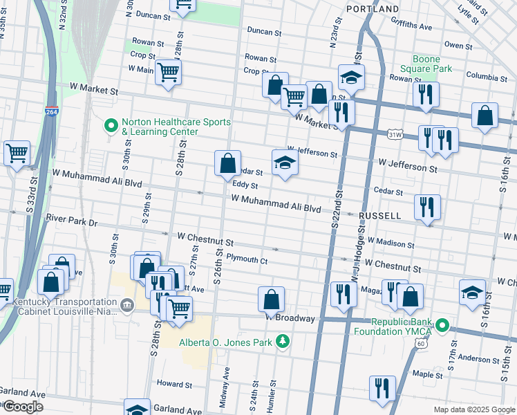 map of restaurants, bars, coffee shops, grocery stores, and more near 2412 West Muhammad Ali Boulevard in Louisville