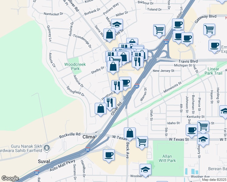 map of restaurants, bars, coffee shops, grocery stores, and more near 1282 Shelby Drive in Fairfield