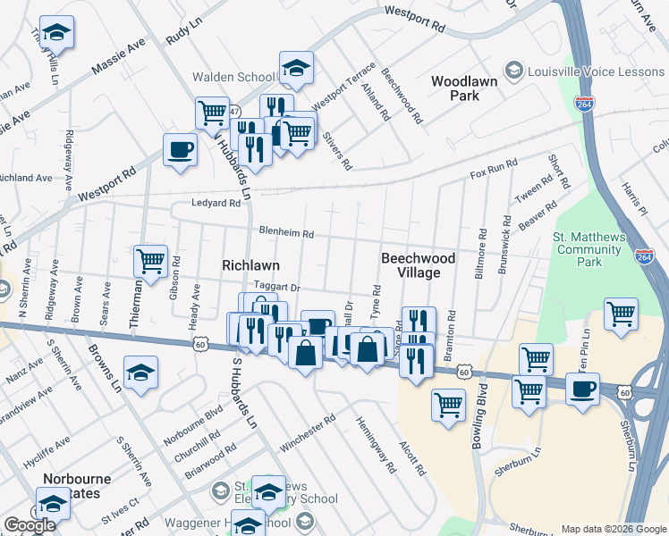 map of restaurants, bars, coffee shops, grocery stores, and more near 208 Marshall Drive in Louisville