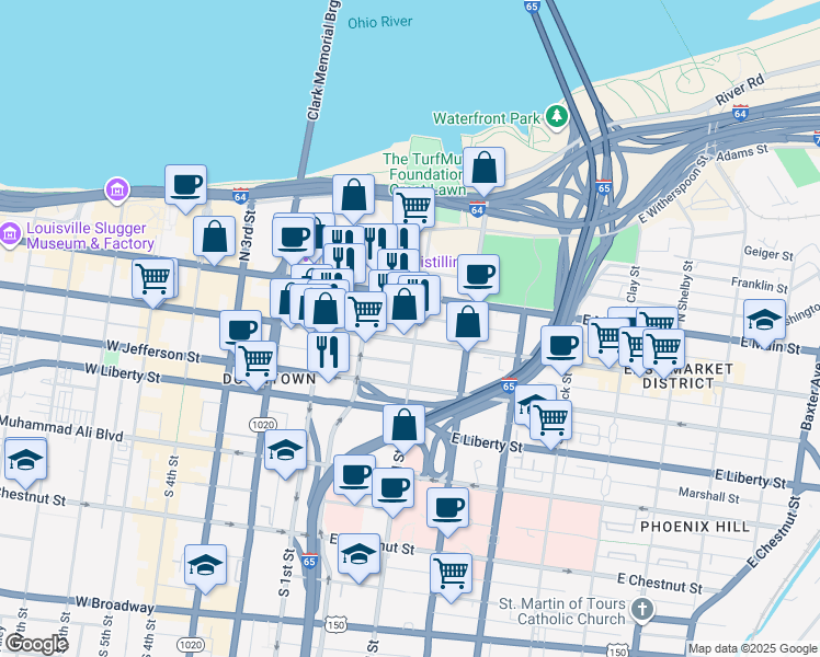 map of restaurants, bars, coffee shops, grocery stores, and more near 120 South Floyd Street in Louisville
