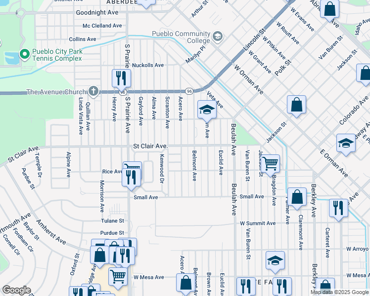 map of restaurants, bars, coffee shops, grocery stores, and more near 705 Belmont Avenue in Pueblo