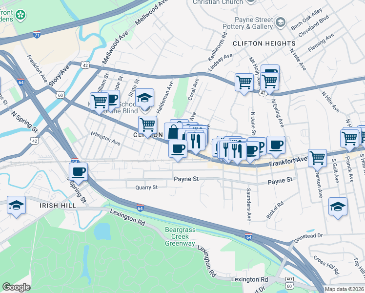 map of restaurants, bars, coffee shops, grocery stores, and more near 2012 Frankfort Avenue in Louisville