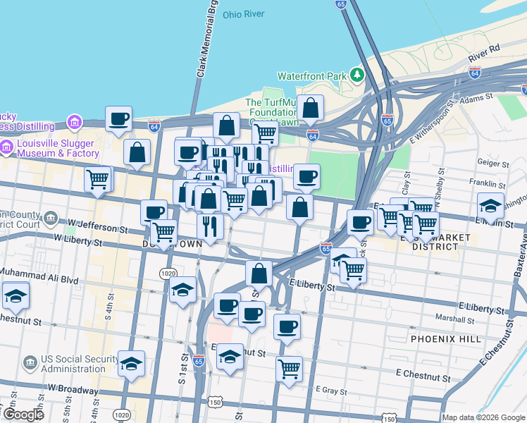 map of restaurants, bars, coffee shops, grocery stores, and more near 227E East Market Street in Louisville