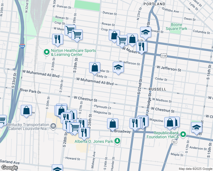 map of restaurants, bars, coffee shops, grocery stores, and more near 2414 Stone Alley in Louisville