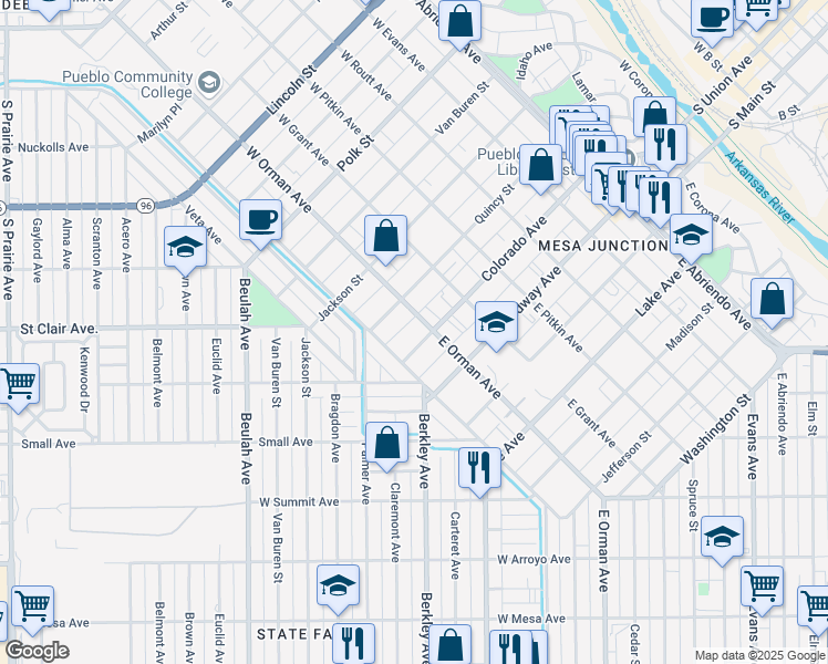 map of restaurants, bars, coffee shops, grocery stores, and more near 102 West Orman Avenue in Pueblo