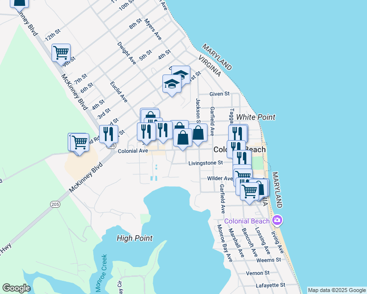 map of restaurants, bars, coffee shops, grocery stores, and more near 501 Colonial Avenue in Colonial Beach