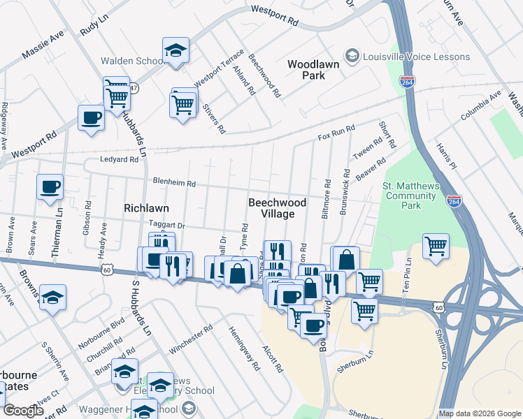 map of restaurants, bars, coffee shops, grocery stores, and more near in Beechwood Village