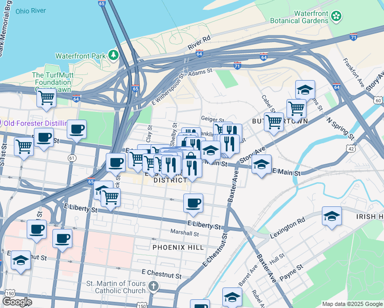 map of restaurants, bars, coffee shops, grocery stores, and more near 114-100 North Campbell Street in Louisville