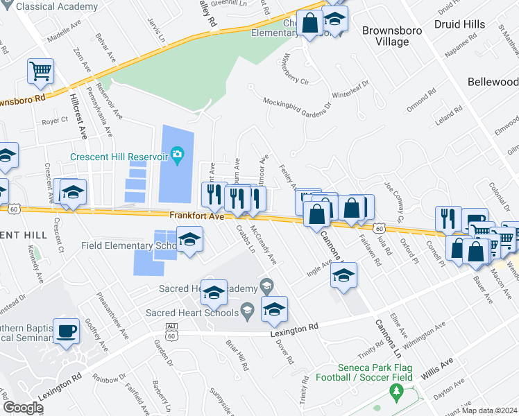 map of restaurants, bars, coffee shops, grocery stores, and more near 3303 Arterburn Avenue in Louisville