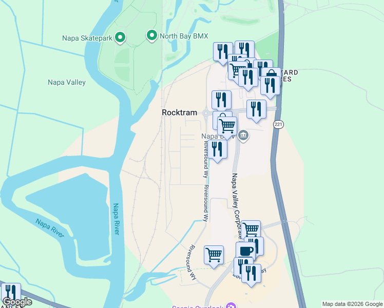 map of restaurants, bars, coffee shops, grocery stores, and more near 334 Sagebrush Drive in Napa