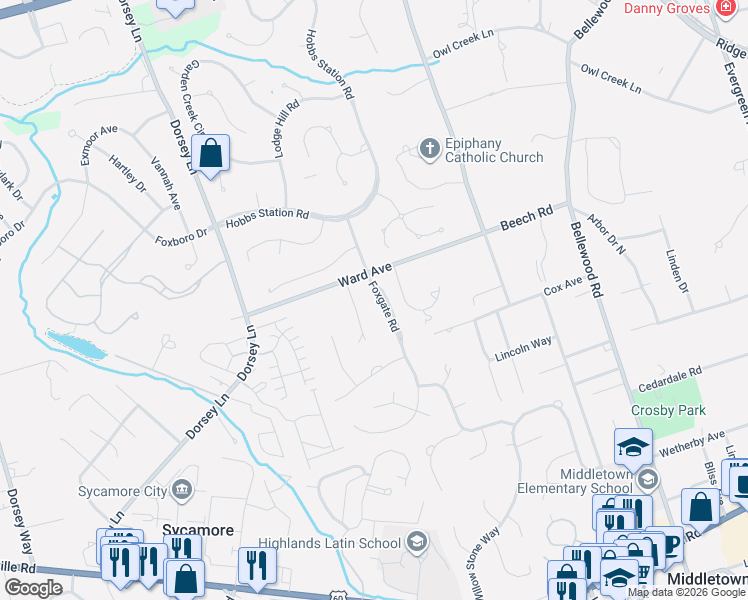 map of restaurants, bars, coffee shops, grocery stores, and more near 817 Foxgate Road in Louisville