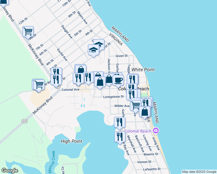 map of restaurants, bars, coffee shops, grocery stores, and more near 520 Jackson Street in Colonial Beach
