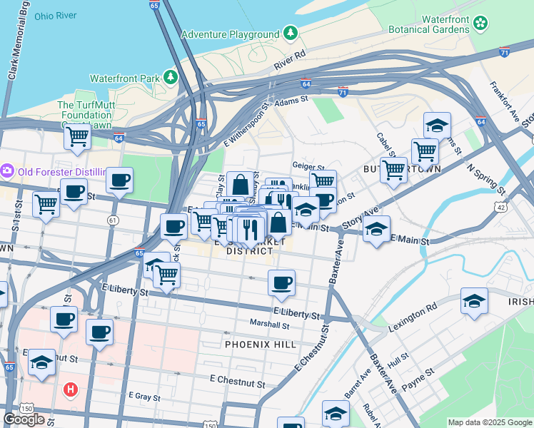 map of restaurants, bars, coffee shops, grocery stores, and more near 817 East Main Street in Louisville