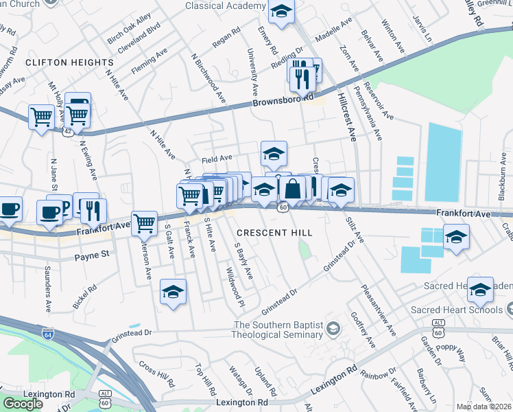 map of restaurants, bars, coffee shops, grocery stores, and more near Frankfort Avenue in Louisville