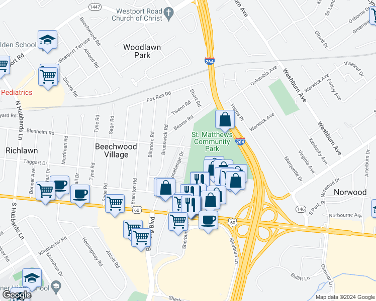 map of restaurants, bars, coffee shops, grocery stores, and more near 4706 Blenheim Road in Saint Matthews