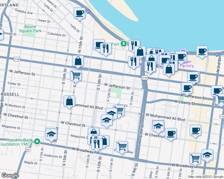 map of restaurants, bars, coffee shops, grocery stores, and more near 301 South 12th Street in Louisville