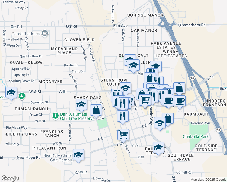 map of restaurants, bars, coffee shops, grocery stores, and more near 103 4th Street in Galt
