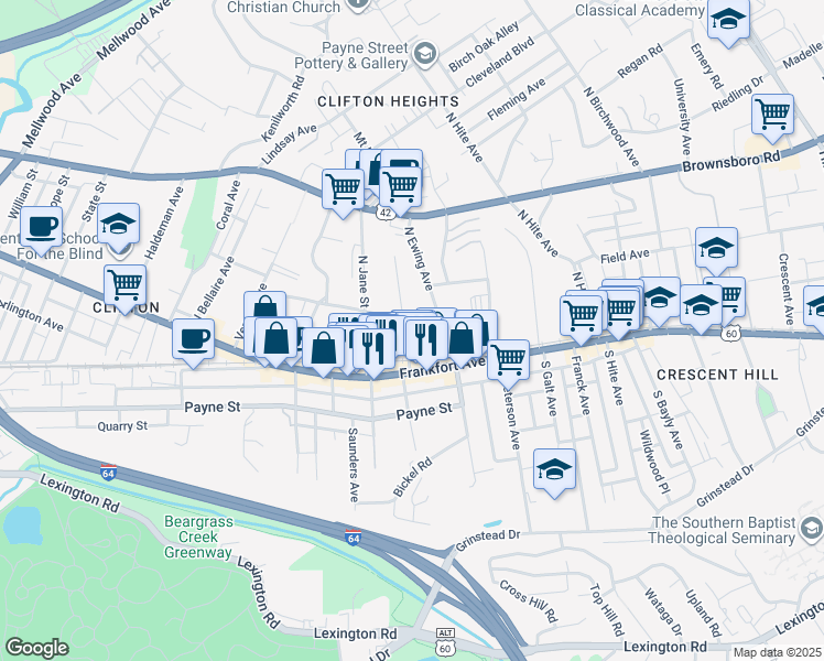 map of restaurants, bars, coffee shops, grocery stores, and more near 2334 Sycamore Avenue in Louisville