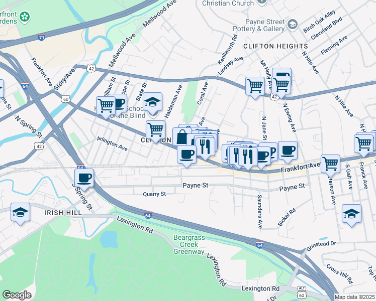 map of restaurants, bars, coffee shops, grocery stores, and more near 2012 Frankfort Avenue in Louisville