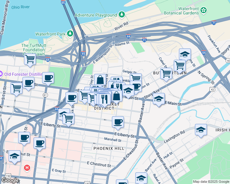 map of restaurants, bars, coffee shops, grocery stores, and more near 817 East Main Street in Louisville