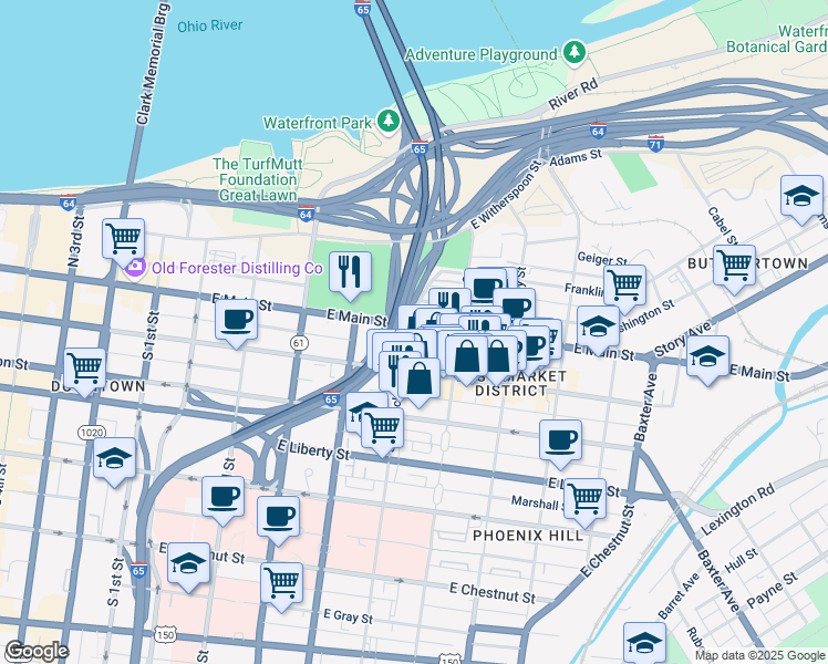 map of restaurants, bars, coffee shops, grocery stores, and more near 101 South Hancock Street in Louisville
