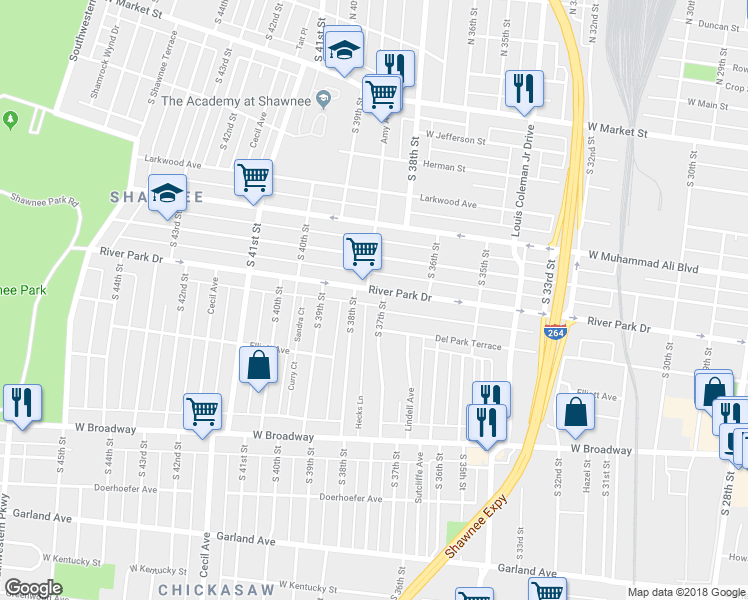 map of restaurants, bars, coffee shops, grocery stores, and more near 3724 River Park Drive in Louisville
