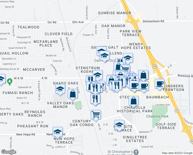 map of restaurants, bars, coffee shops, grocery stores, and more near 116 Oak Avenue in Galt