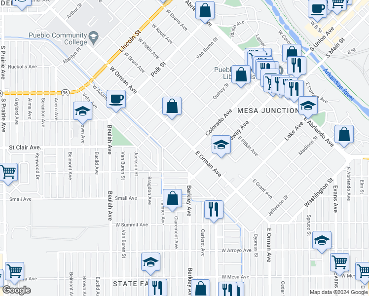 map of restaurants, bars, coffee shops, grocery stores, and more near 102 West Orman Avenue in Pueblo