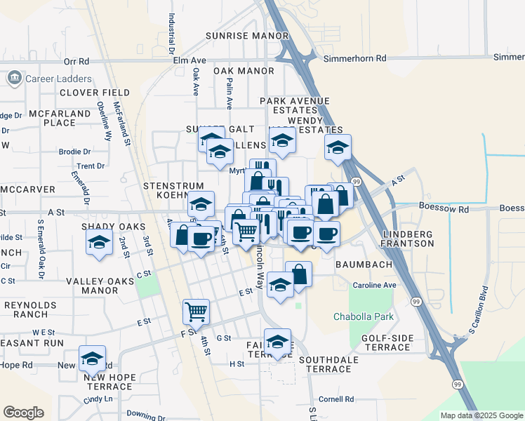 map of restaurants, bars, coffee shops, grocery stores, and more near in Galt