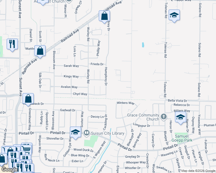 map of restaurants, bars, coffee shops, grocery stores, and more near 1101 Humphrey Drive in Suisun City